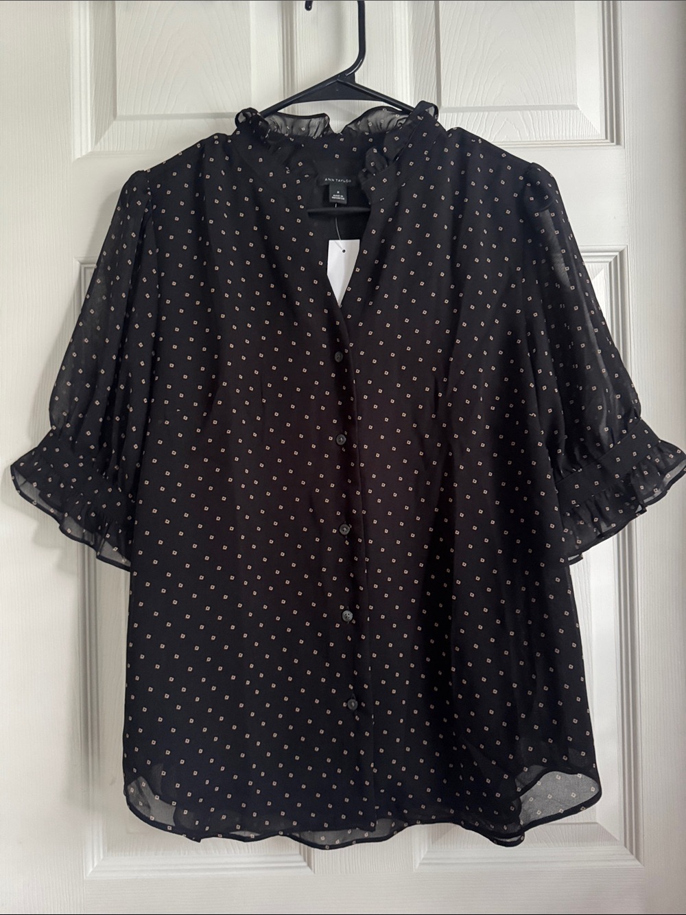 NWT Ann Taylor Black Polka Dot Ruffle Neck Blouse